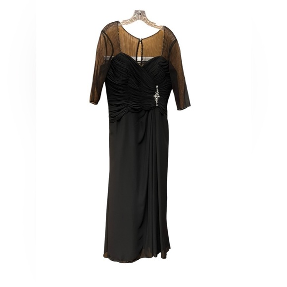 Formal Black Illusion 3/4 Sleeve Side Ruched Gown With Rhinestone Embellishment - Picture 2 of 7